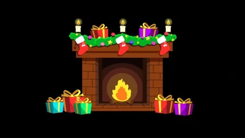 Animation Fireplace and gift box On a black background Stock Footage 128627604