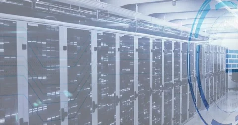 Animation of firewall icon in circle over illuminated data server systems in Stock Footage 327062300