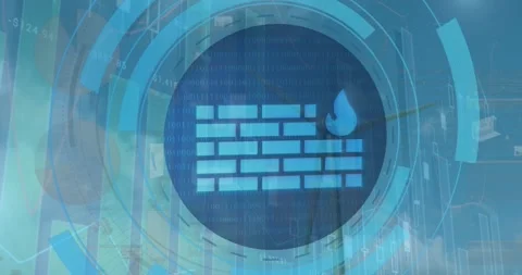 Animation of firewall icon in loading circles and graphs over rotating windmill Stock Footage 250314950
