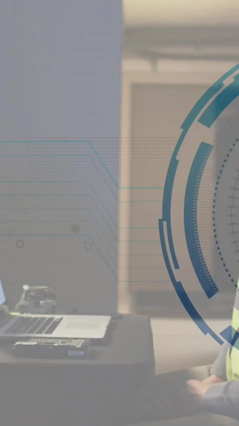 Animation of firewall, loading circles, asian male engineer checking data server Stock Footage 344706523