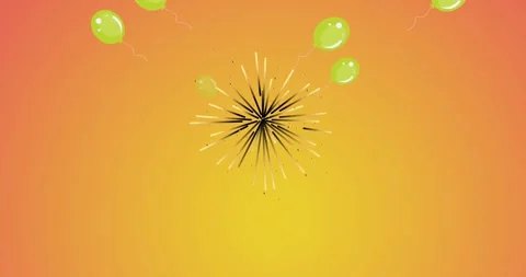 Animation of fireworks exploding with green balloons on orange background Stock Footage 331621731