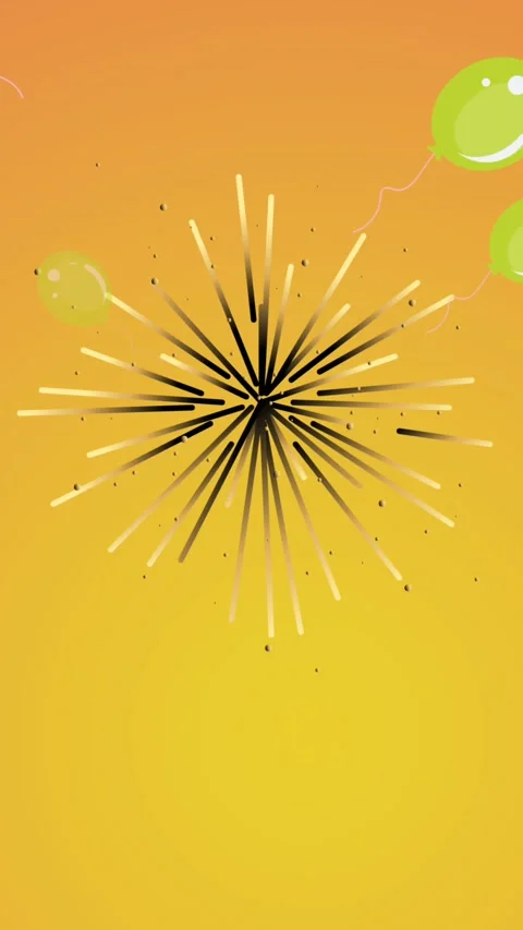 Animation of fireworks exploding with green balloons on orange background Video stock 341928063