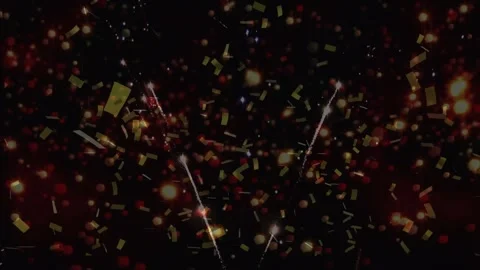 Animation of fireworks exploding, light sparks and golden confetti falling Stock Footage 329693908