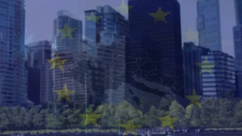 Animation of fireworks exploding over european union flag and map against tall Stock Footage 203867107