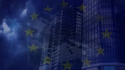 Animation of fireworks exploding over european union flag and map against tall Stock Footage 203867166