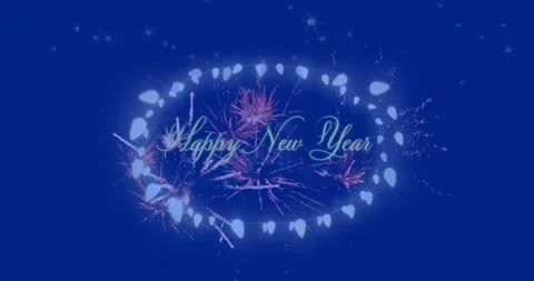 Animation of fireworks exploding over happy new year text on fairy lights banner Stock Footage 224617646