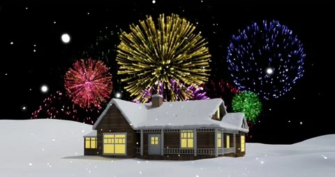Animation of fireworks exploding over house and winter scenery Stock Footage 221372770