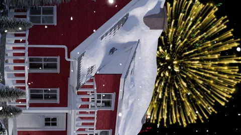 Animation of fireworks exploding over house and winter scenery Stock Footage 312532812