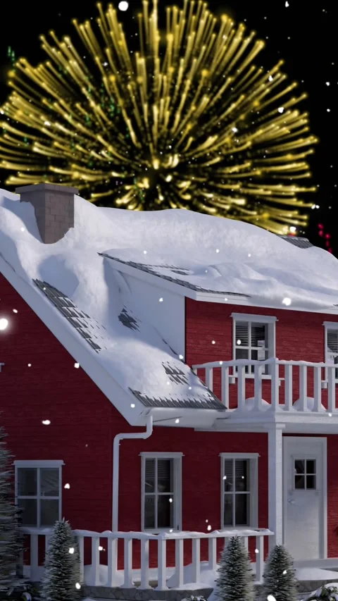 Animation of fireworks exploding over house and winter scenery Stock Footage 323909224
