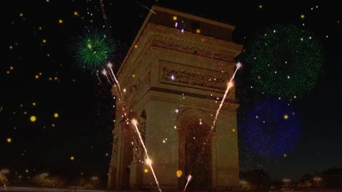 Animation of fireworks exploding over paris background Stock Footage 310977775