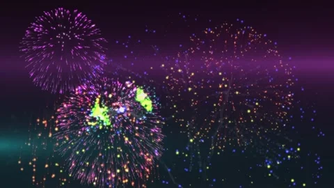 Animation of fireworks exploding on purple and green background Stockbeeldmateriaal 327899173