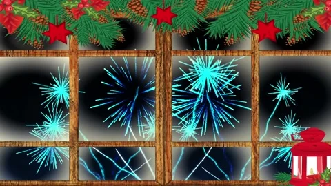 Animation of fireworks exploding seen through window with christmas decoration Video stock 159648888