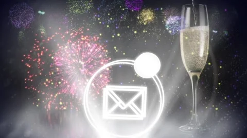Animation of fireworks, glass of champagne and message on black background Stock Footage