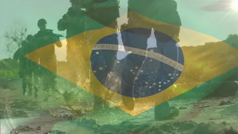 Animation of flag of brasil over diverse soldiers with guns Stock Footage 307469312