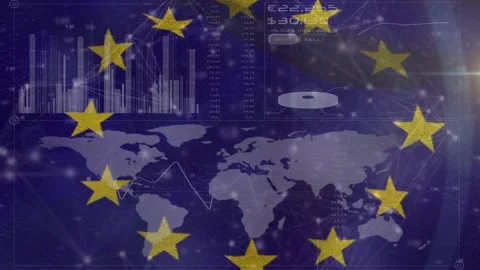 Animation of flag of eu over data processing and world map Stock Footage 330058327