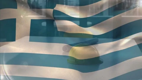 Animation of flag of greece waving over yellow helmet and floor plan on table Stock Footage 328145900