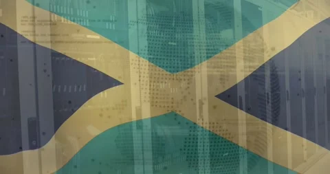 Animation of flag of jamaica, computer language and globe over data server Stock Footage 327643374