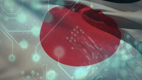 Animation of flag of japan, digital data processing over computer circuit board Stock Footage 269453997