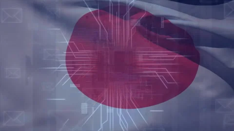 Animation of flag of japan, digital data processing over computer circuit board Stock Footage 269454128