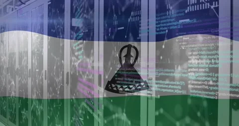 Animation of flag of lesotho over computer language against connected dots on Stock Footage 330780229