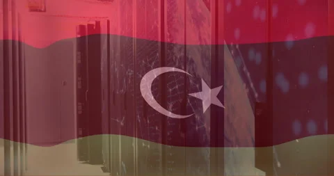 Animation of flag of libya and digital data processing over computer servers Stock Footage 307737444