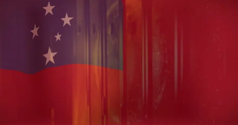 Animation of flag of samoa over server room Stock Footage 308271899