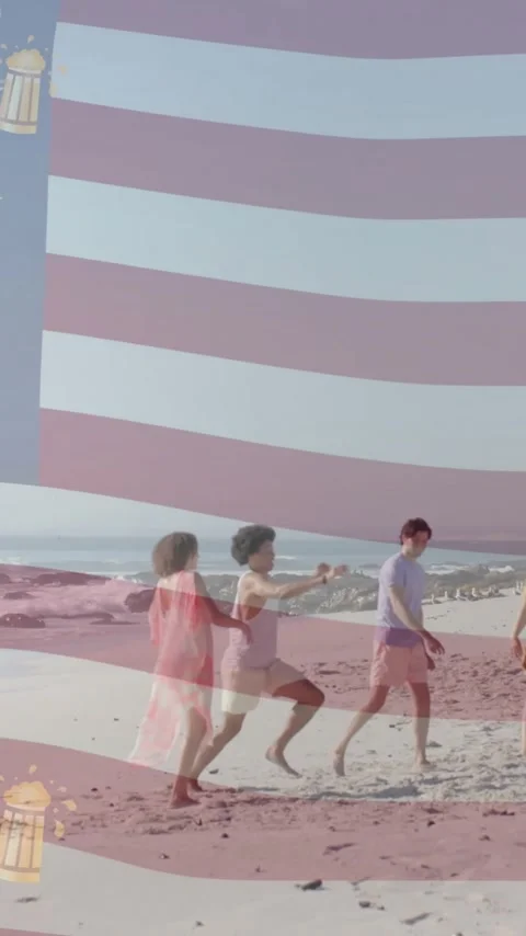 Animation of flag of usa and beer icons over happy diverse friends playing Stock Footage 343079136