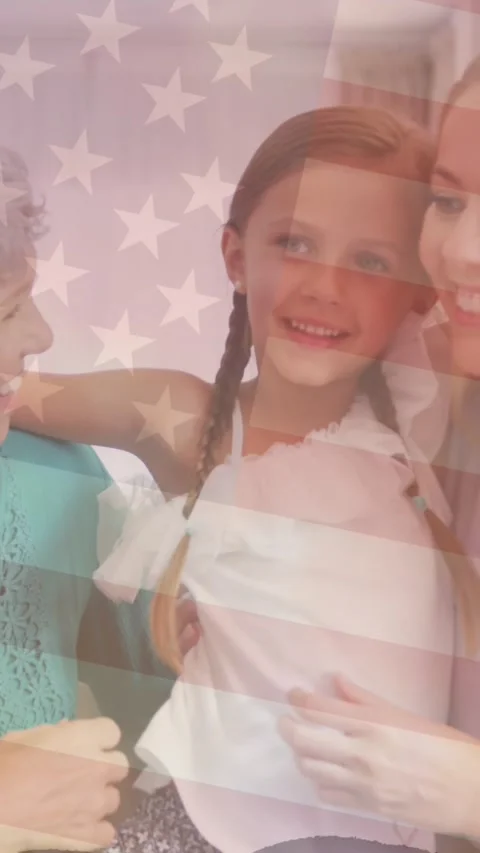 Animation of flag of usa over caucasian female couple and daughter Vídeo Stock 341921099