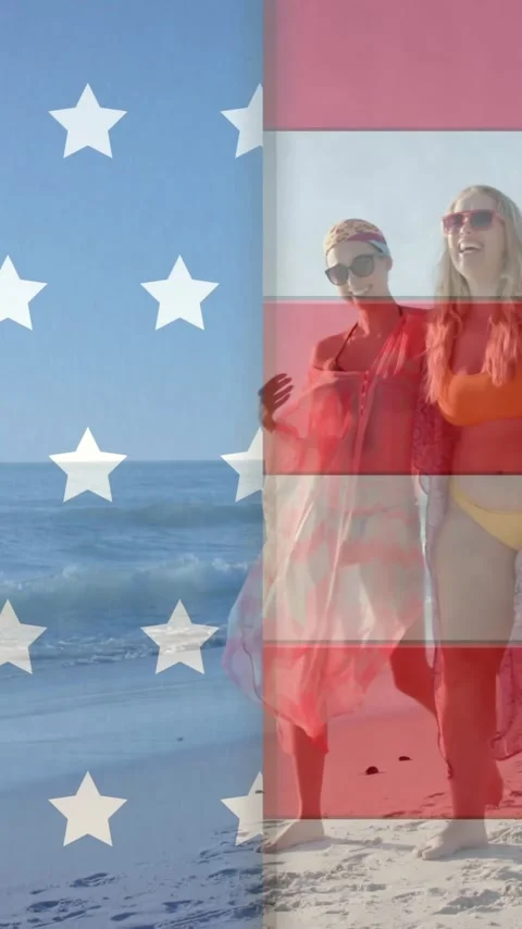 Animation of flag of usa over happy diverse friends on beach in summer Stock Footage 342802455