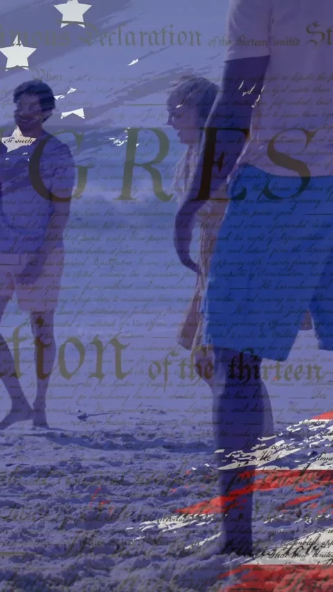 Animation of flag of usa over happy diverse friends playing ball on beach in Stock Footage 343079091