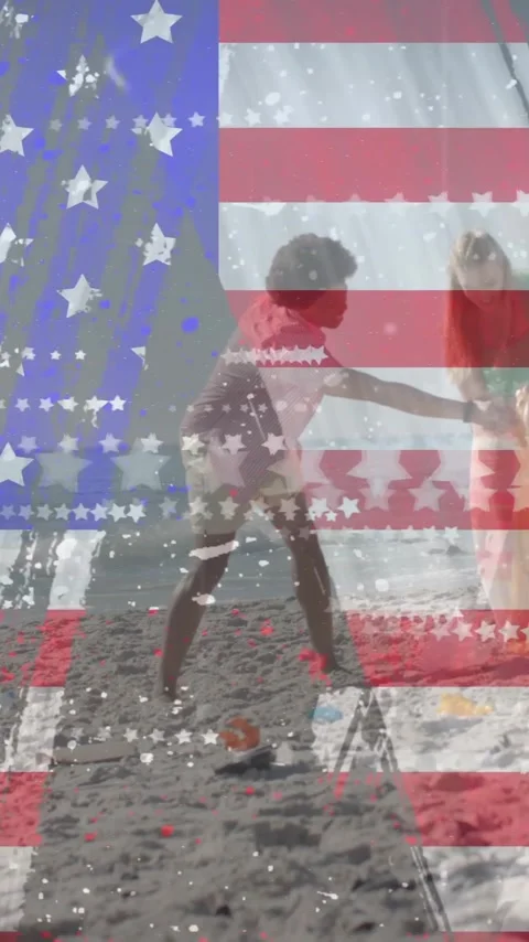 Animation of flag of usa over happy diverse friends recycling on beach in summer Stock Footage 343079097