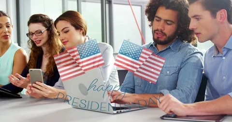 Animation of flags of usa and happy presidents day over diverse businesspeople 스톡 동영상 201539094
