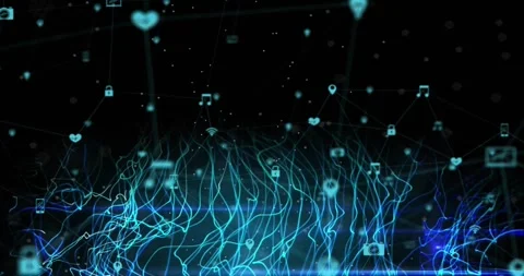 Animation of flames pattern and multiple icons over black background Stock Footage 330108879