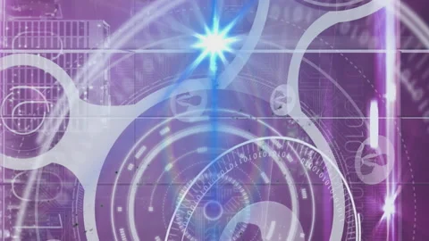 Animation of flare, digital circles with globe, profile icons and binary code Stock Footage 313017679