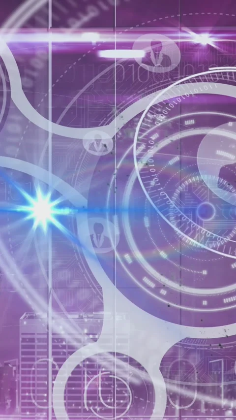 Animation of flare, digital circles with globe, profile icons and binary code Stock Footage 322559212