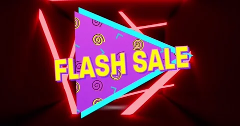 Animation of flash sale over triangle with shapes and red background with neon Stock Footage 329372086