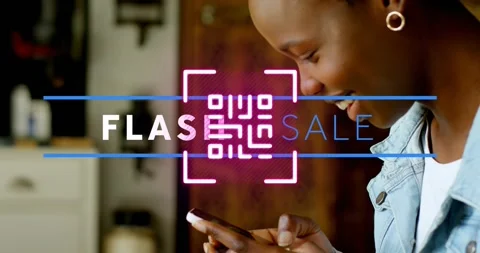 Animation of flash sale text and qr code over african american woman using Stock Footage 328714660