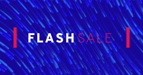 Animation of flash sale text banner over light trails falling against blue Stock Footage 330771783