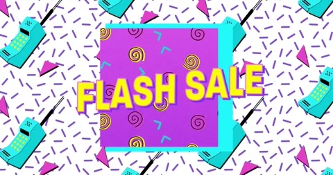 Animation of flash sale text, circular pattern in square with phone and lines Stock Footage 328928122
