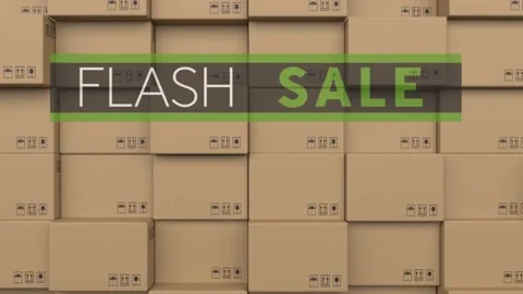 Animation of flash sale text over stack of cardboard boxes in warehouse Video stock 157344337