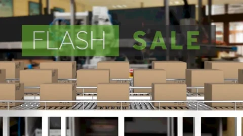 Animation of flash sale text over cardboard boxes on conveyor belts in warehouse Video stock 157344339