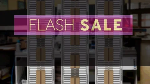 Animation of flash sale text over cardboard boxes on conveyor belts in warehouse Video stock 157344348