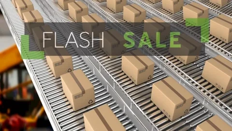 Animation of flash sale text over cardboard boxes on conveyor belts in warehouse Video stock 157344357