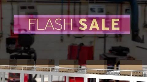 Animation of flash sale text over cardboard boxes on conveyor belt in warehouse Video stock 157344358