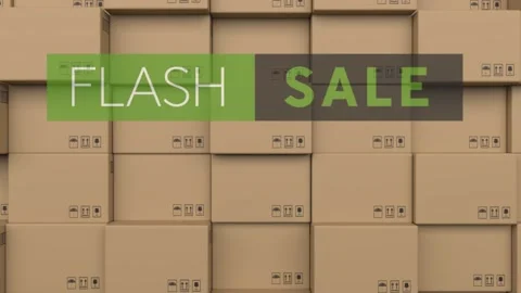 Animation of flash sale text over stack of cardboard boxes in warehouse Video stock 157344359