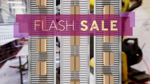 Animation of flash sale text over cardboard boxes on conveyor belts in warehouse Video stock 157344361