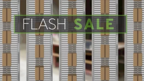 Animation of flash sale text over cardboard boxes on conveyor belts Video stock 158695859