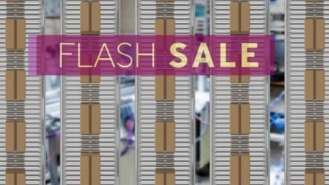 Animation of flash sale text over cardboard boxes on conveyor belts Video stock 159179066