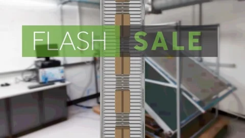 Animation of flash sale text over cardboard boxes on conveyor belt Video stock 159179074