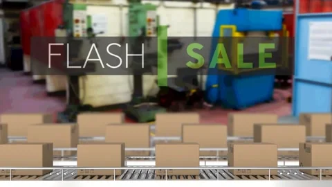 Animation of flash sale text over cardboard boxes on conveyor belts Video stock 159179075